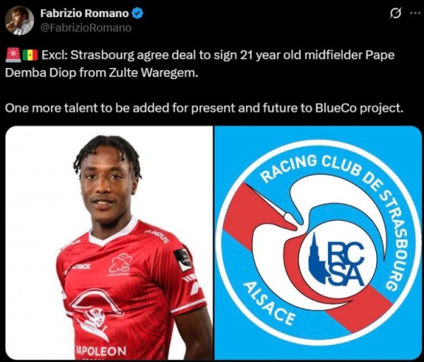 Romano: Strasbourg will sign 21-year-old midfielder Pape Demba Diop