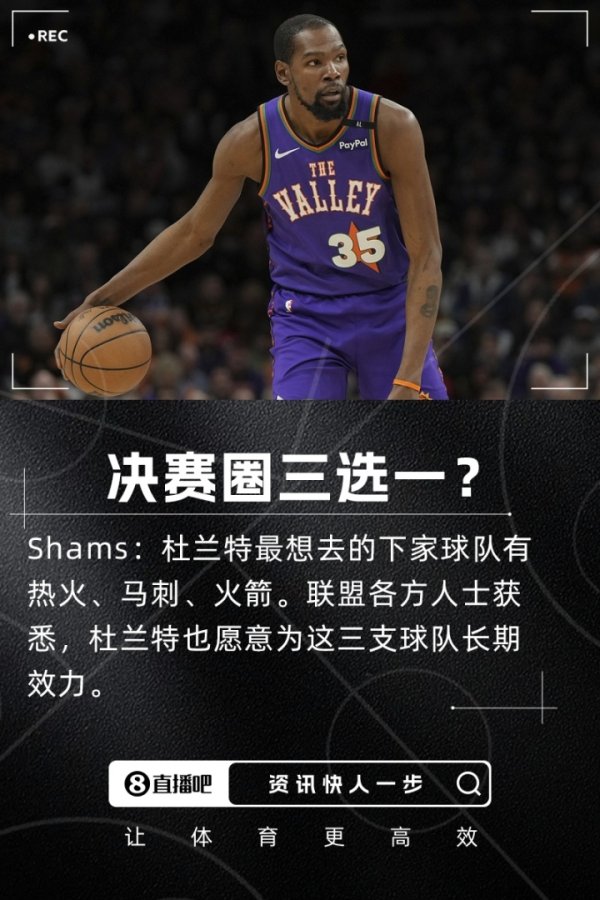 Shams：杜兰特最想去热％26刺％26火人们认为他愿意为这三队长期效力