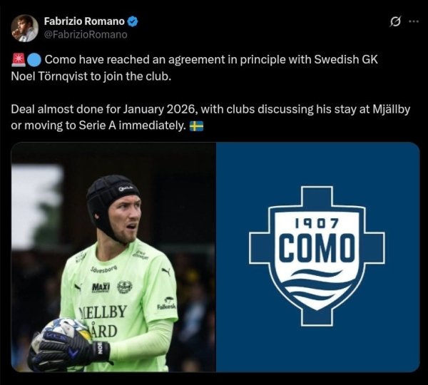 Romano: Cuomo signs Swedish goalkeeper Tolquist to reach a principled consensus